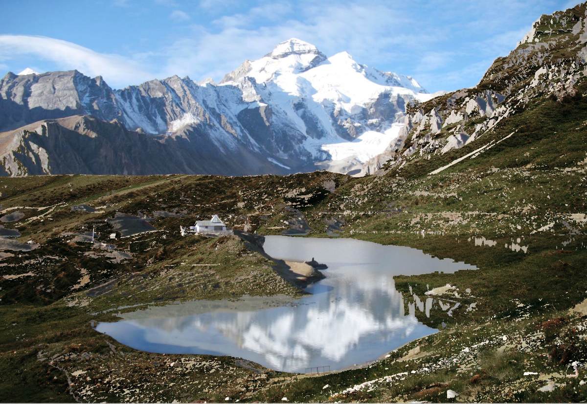 Sacred Parvati Sarovar lake in the Himalayas